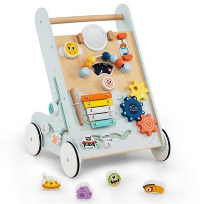 SEVOBAL Baby Walkers 8-in-1 Wooden Push and Pull Activity Center with Rotating Gears Xylophone Shape Sorters, Green, 14"*13"*18.5"
