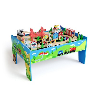 Train Table, 80 Pieces Wooden Kids Activity Toy Table Playset with Reversible Detachable Tabletop, Tracks,