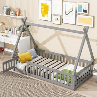 Okak Twin/Full Size Floor Bed Frame with Removable Tent-Shaped Roof &Safety Guardrails for Toddlers 2-6 Years, Easy Assembly Kids Bed, Kids Room