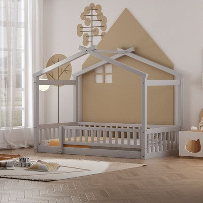 Sapphtopaz Floor Bed Frame for Kid with Fence & Roof Design House Platform Bed with Wood Frame for Kids Bedroom, Playroom, Nursery