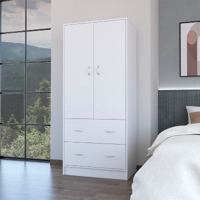 ORRD Freestanding Wardrobe with Doors & Drawers, White - Modern Closet Organizer with Hanging Rod for Bedroom Storage