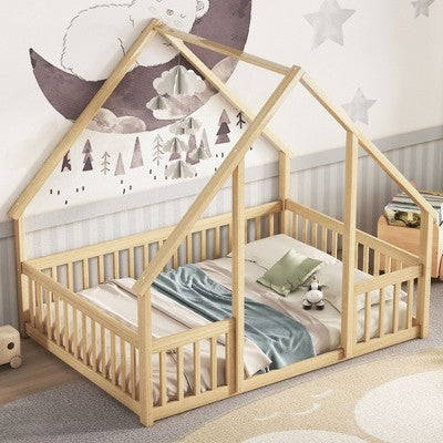 CAVINAS Twin/Full Size Kids Montessori Bed with Wood Roof Frame,Floor Bed with Guardrail Design,Toddler bed for Bedroom Playroom,Gray