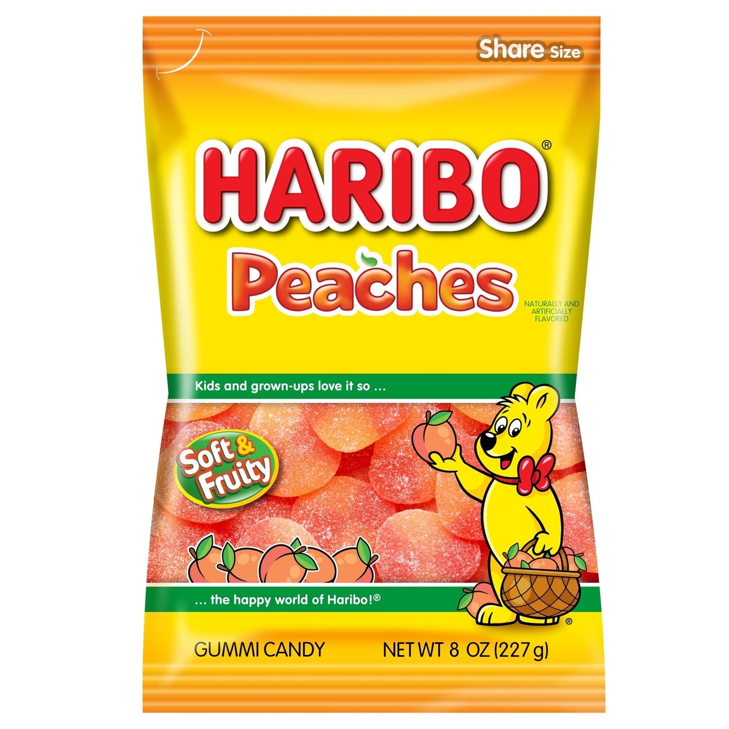 Haribo Gummy Candy, Peaches Gummies, Large Peg Bag, 8 Oz