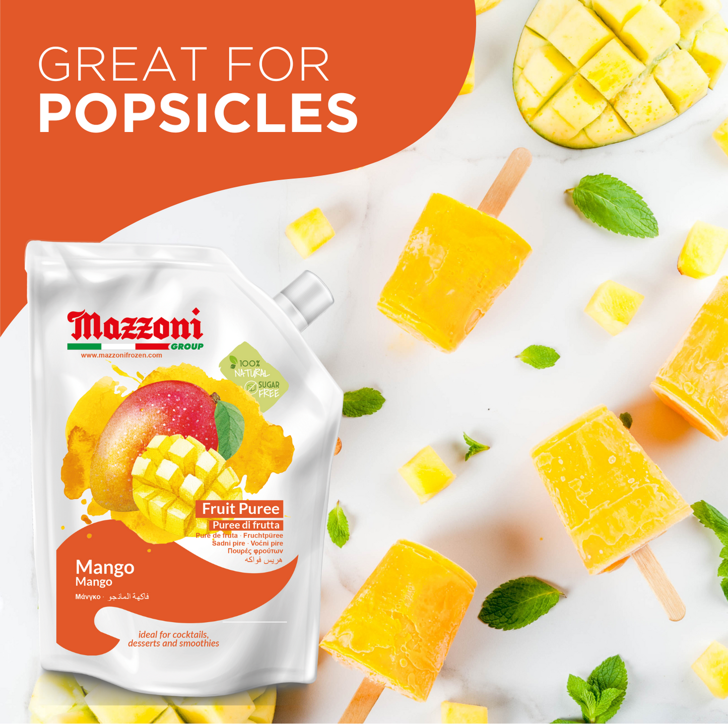 Mazzoni, Mango Puree, 100% Pure Mango, Just Fruit, No Sugar Added, 2.2 lb