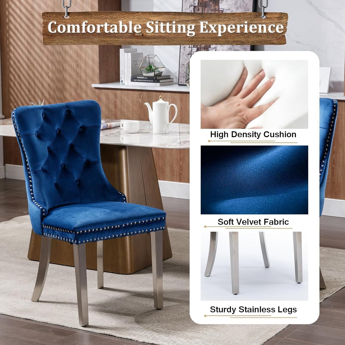 Extendable Dining Room Table Set for 8, 9-Piece Rectangle Kitchen Dining Room Table Set with Wood Base and 8 Blue Velvet Dining Chairs, Extending Kitchen & Dining Table Set