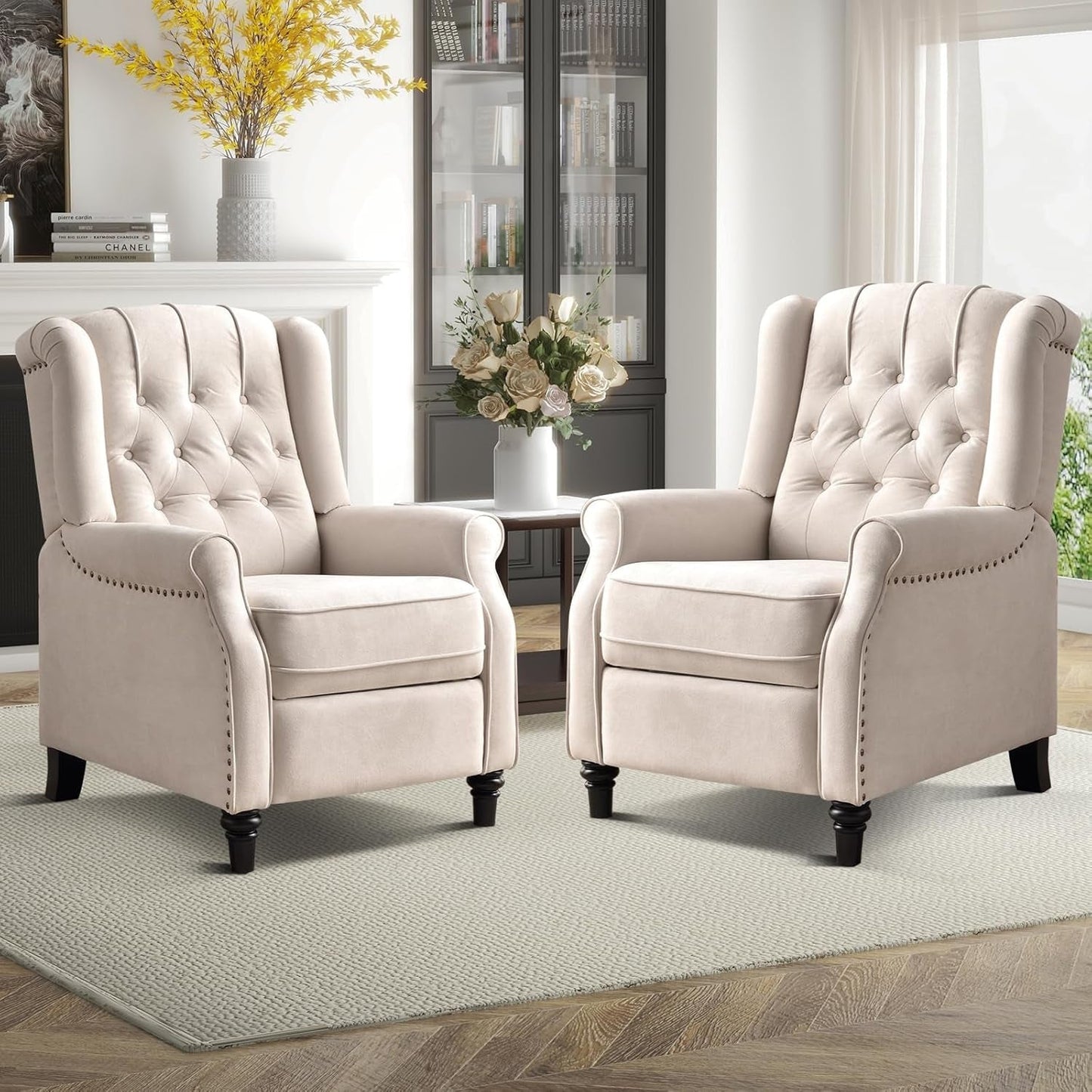Pushback Recliner Chair, Fabric Armchair Push Back Recliner with Rivet Decoration, Mid Century Wingback Accent Chair for Living Room, Bedroom, Beige