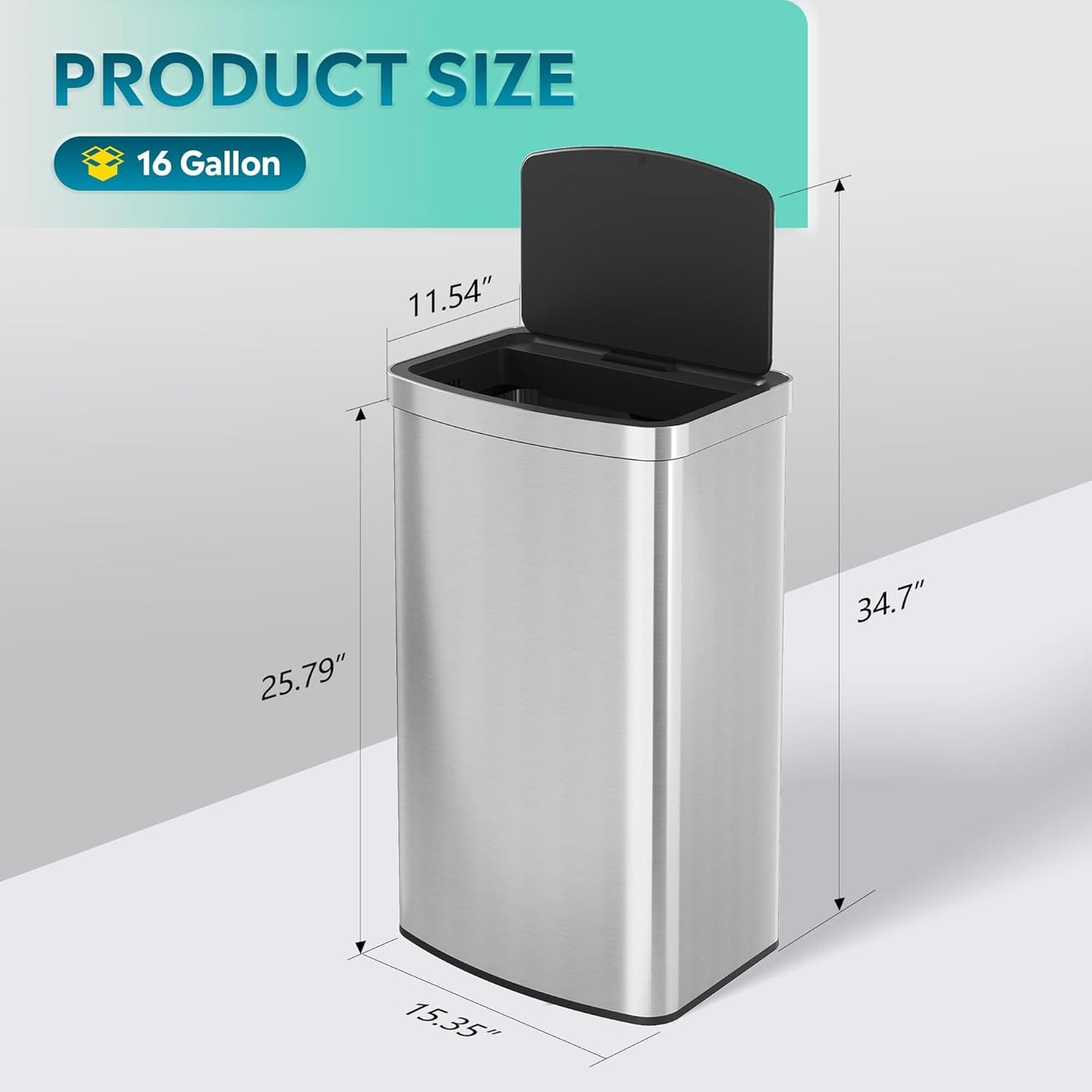 16 Gallon Motion Sensor Trash Can, 60 Liter Automatic Kitchen Trash Can with Soft Close Lid, Touchless Electronic Smart Stainless Steel Waste Bin for Kitchen, Office, Silver