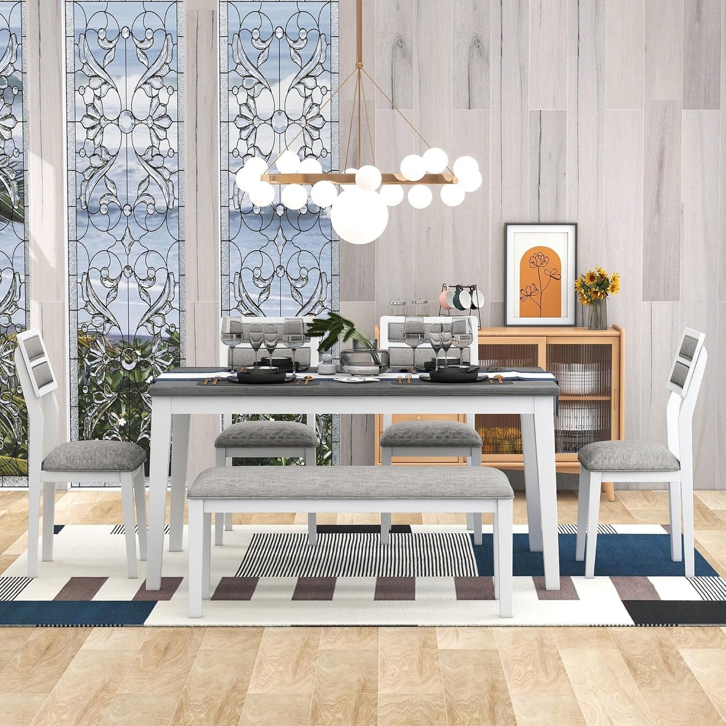 6 Pieces Dining Table Set with Bench, Rectangle Dining Table with 4 Upholstered Chairs & a Bench, Kitchen Table Chairs Set for 6 Persons, Wood Dining Room Set - White+Gray