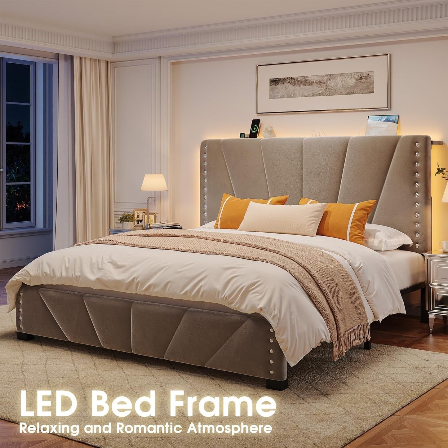 Queen Bed Frame, Velvet Bed Frame with Headboard and Led Light, Platform Bed Frame for Bedroom Apartment, Dorm, Noise-Free, Easy Assembly, Dark Gray