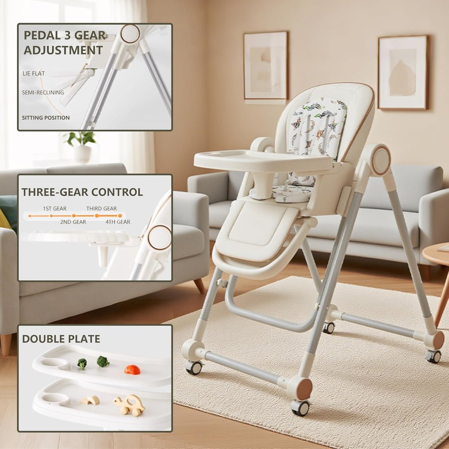 Baby High Chair,High Chairs for Babies and Toddlers,Adjustable 2-in-1 Baby High Chair,Portable Highchair for 1+ Years/Detachable PU Cushion/Locking Wheels KKK