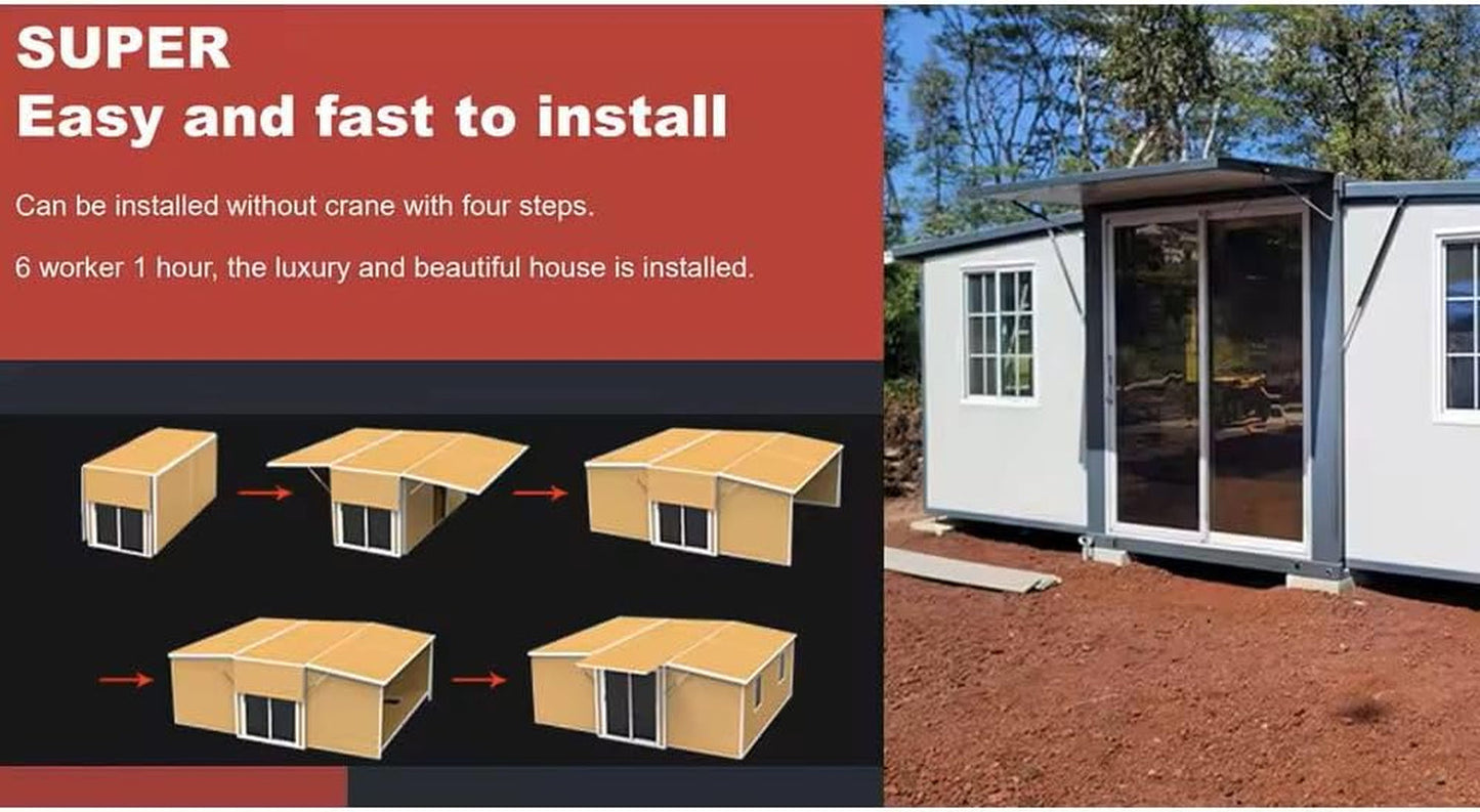 Weatherproof, Wind Resistant, Anti-Corrosion Tiny Expandable Prefab House to Live in 1 Bathroom, 3 Bedrooms & 1 Kitchen- for Small Family, Modular Guest House – 20 FT 3 in 1 Tiny Backyard House