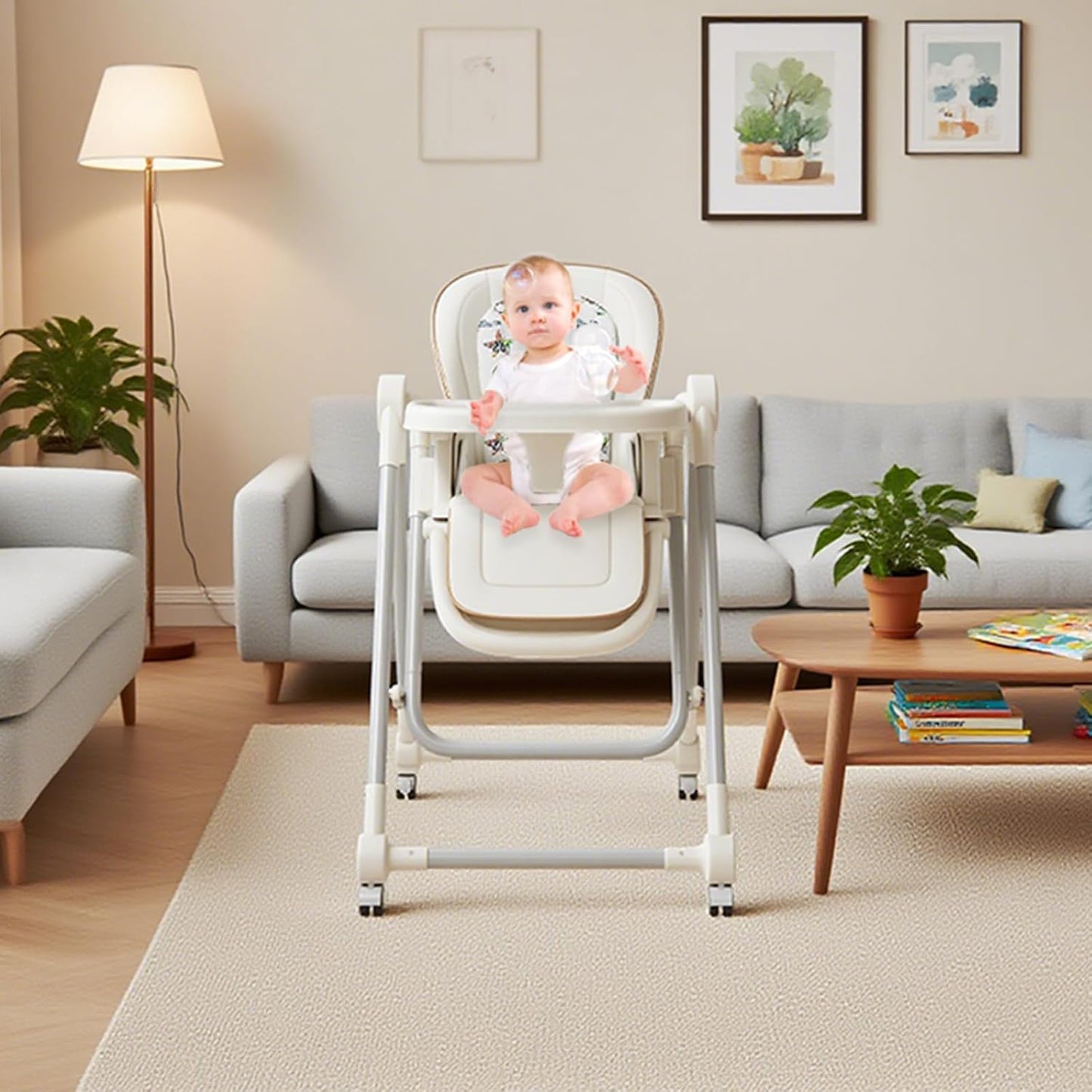Baby High Chair,High Chairs for Babies and Toddlers,Adjustable 2-in-1 Baby High Chair,Portable Highchair for 1+ Years/Detachable PU Cushion/Locking Wheels KKK