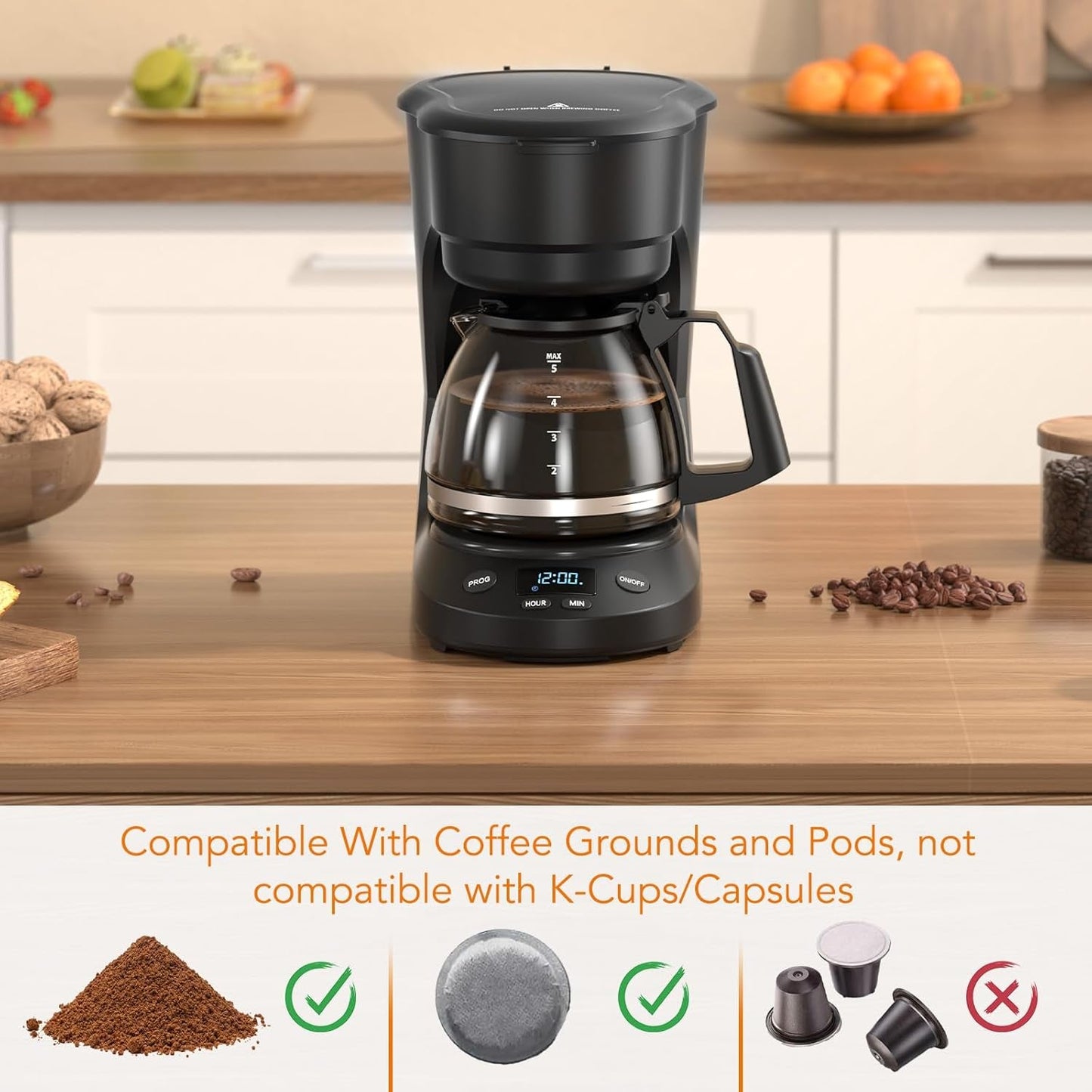 Compact 5-Cup Programmable Drip Coffee Maker — the Essential Coffee Machine with Digital Clock, 24-Hour Timer, Auto Shut-Off, and a Removable Filter Basket for Home & Office.