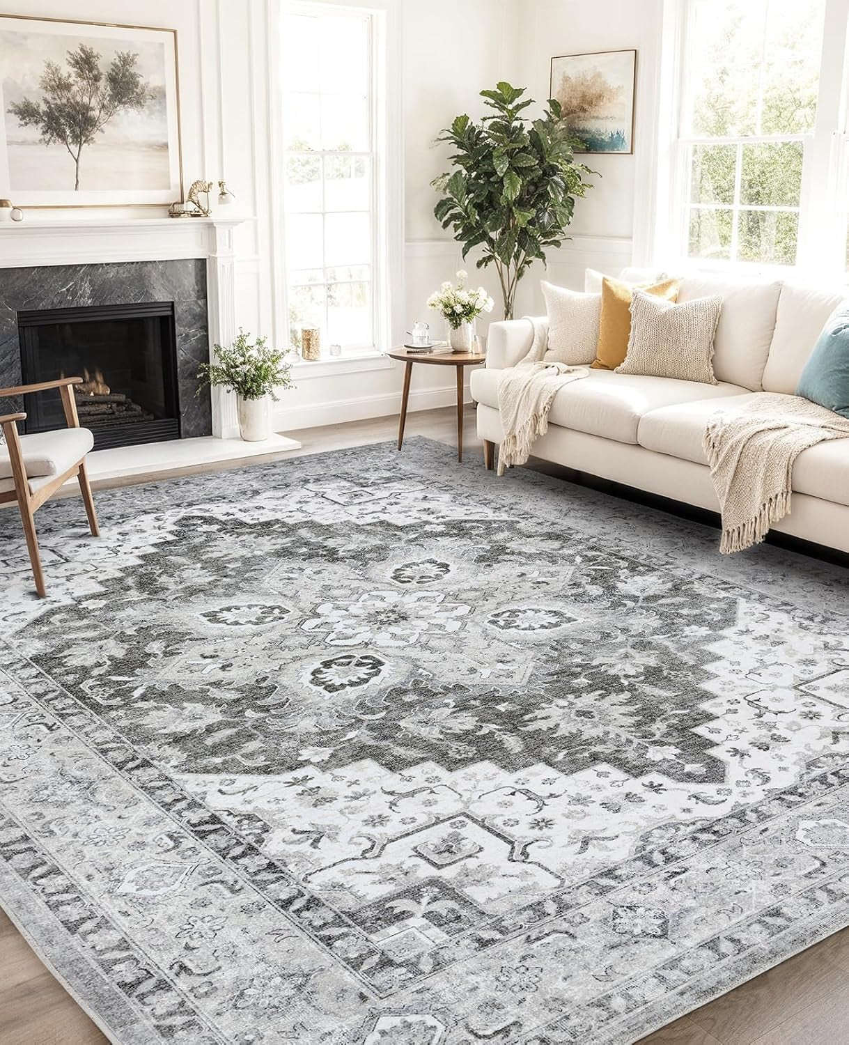 8X10 Area Rugs, Low-Profile Large Washable Area Rug with Non-Slip Backing & Durable Edge Binding, Vintage Rugs for Living Room, Bedroom, Dinning Room