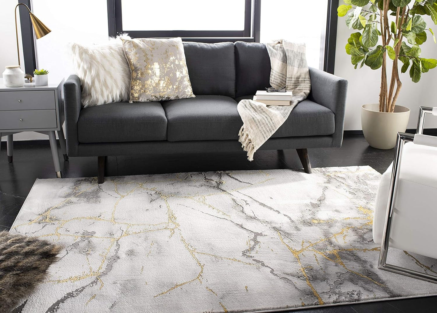 Craft Collection Area Rug - 8' X 10', Grey & Gold, Modern Abstract Design, Non-Shedding & Easy Care, Ideal for High Traffic Areas in Living Room, Bedroom (CFT877F)