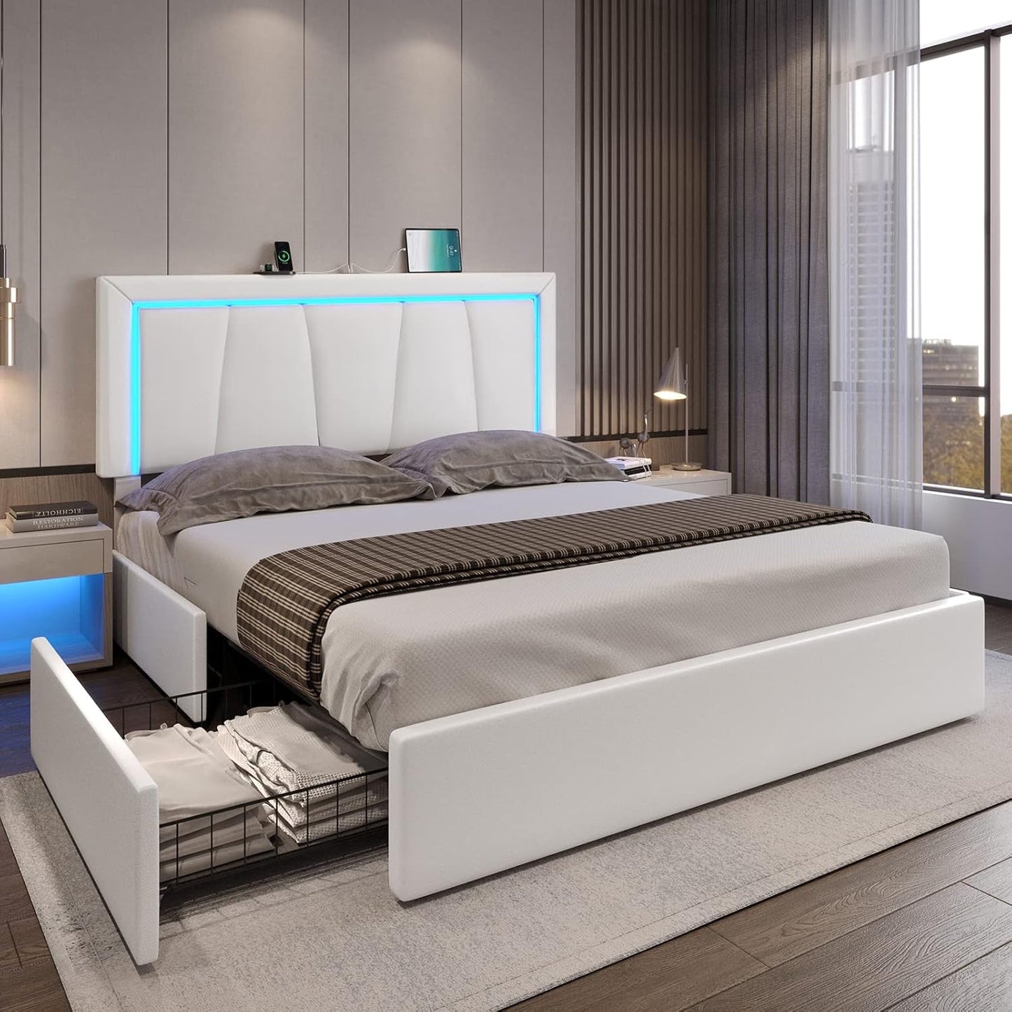 Queen Bed Frame with 4 Storage Drawers and LED Lights, Faux Leather Upholstered Platform Bed Frame Queen Size with USB Ports & Adjustable LED Headboard, No Box Spring Needed, Noise Free, White