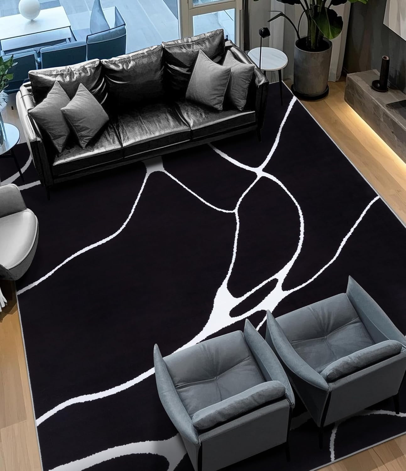 Modern Washable Area Rug for Living Room Bedroom - Large Abstract Black and White Rug Non-Slip Ultra-Thin Home Decor (Dark Warping, 8'X10'Ft)