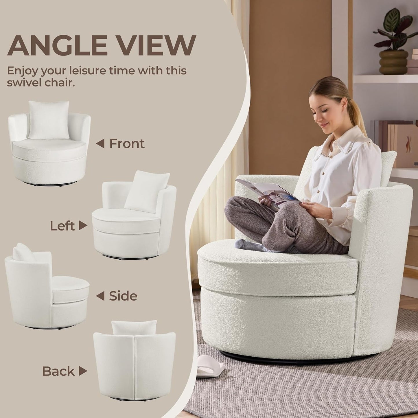 Swivel Barrel Accent Chair, 360 Degree Swivel round Chairs with Removable Throw Pillow, Soft Boucle Single Arm Sofa for Living Room Bedroom Reading, White