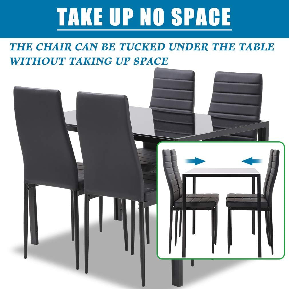 | 5-Piece Dining Table Set | Black | Glass Kitchen Table with 4 Upholstered Chairs and Faux Leather Cushions | Space-Saving and Modern Design | for Dining Room, Easy to Assemble