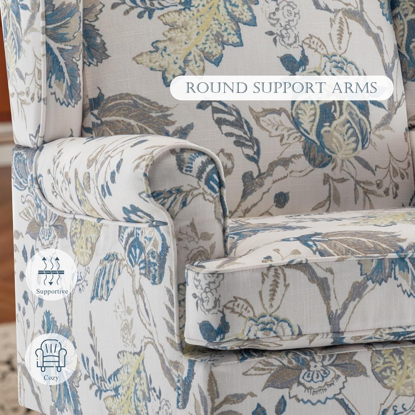 Floral Accent Chair, High Back Upholstered Armchair with Solid Legs, Leisure Single Sofa Chair for Living Room, Bedroom, Home Office, Blue Floral