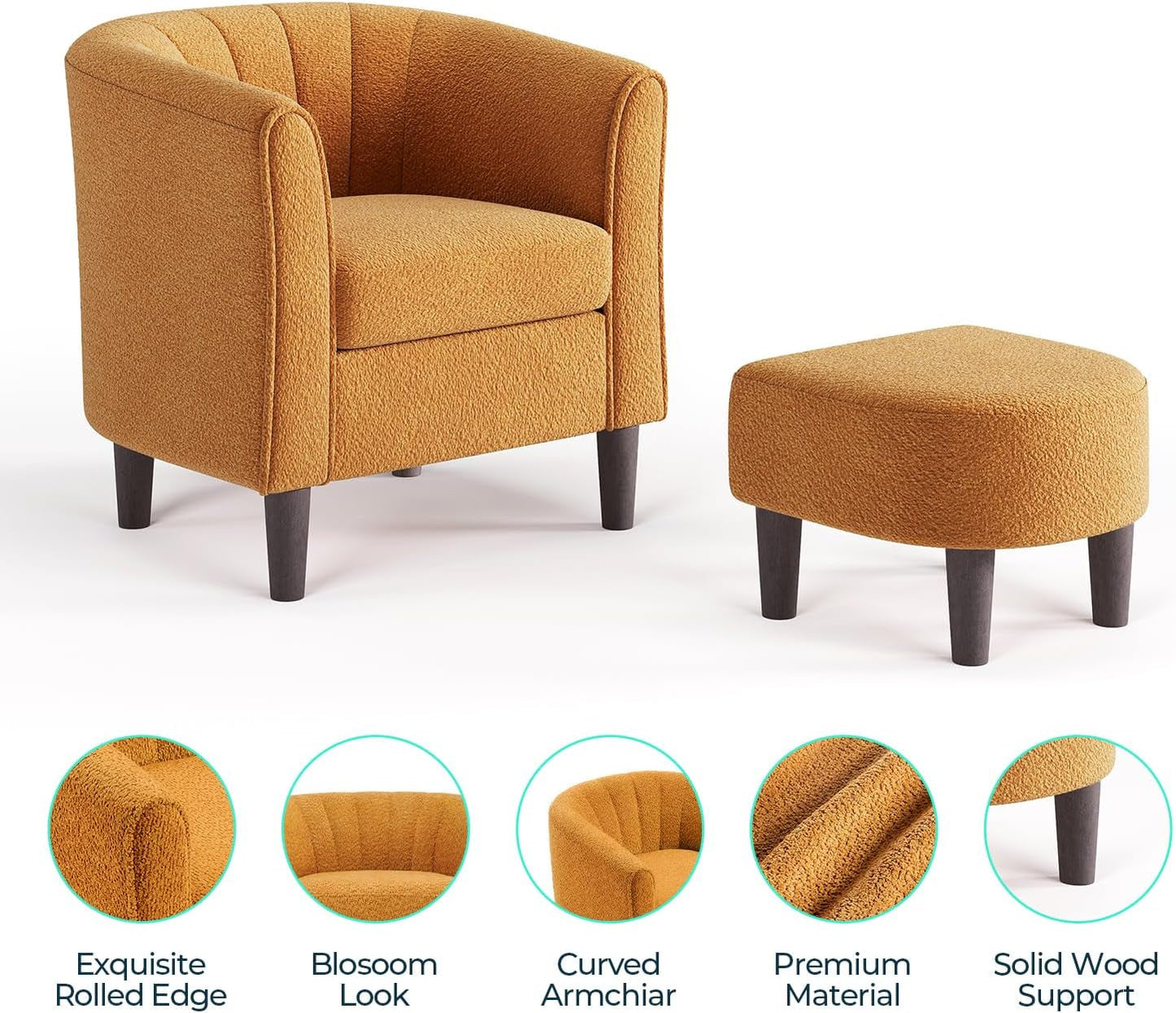 Accent Chair with Ottoman, Chenille Barrel Chair with Footstool, Modern Upholstered Armchair for Living Room Bedroom Waiting Room Office, Orange