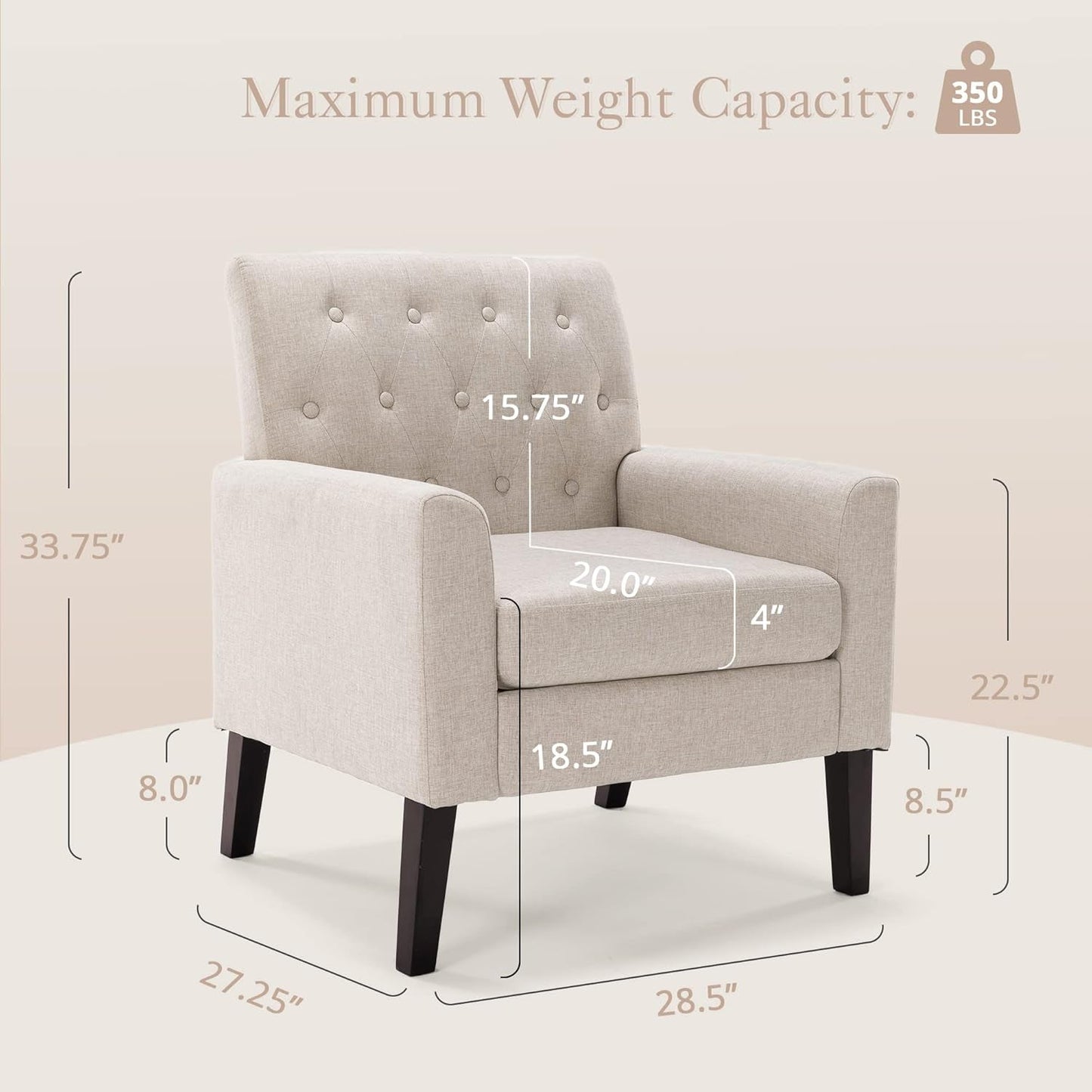 Linen Color Linen Accent Chair 18.5" H, Button Tufted Upholstered Modern Armchair, Comfy Living Room Chair with Arms, Arm Chairs for Living Room, Bedroom, Small Space
