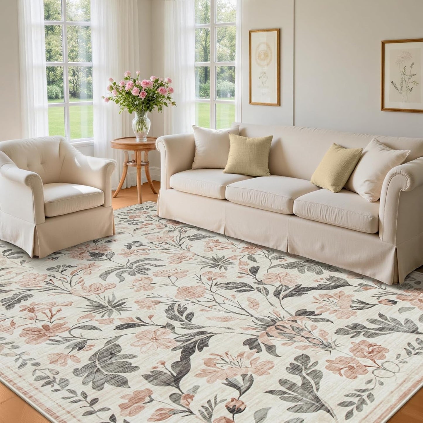 8X10 Area Rugs Washable Rug: Lagre Boho Living Room Rug Soft Non-Slip Thin Carpet Indoor Floor Non-Shedding Neutral Floral Carpets for Bedroom Dining Room Farmhouse Nursery Pink