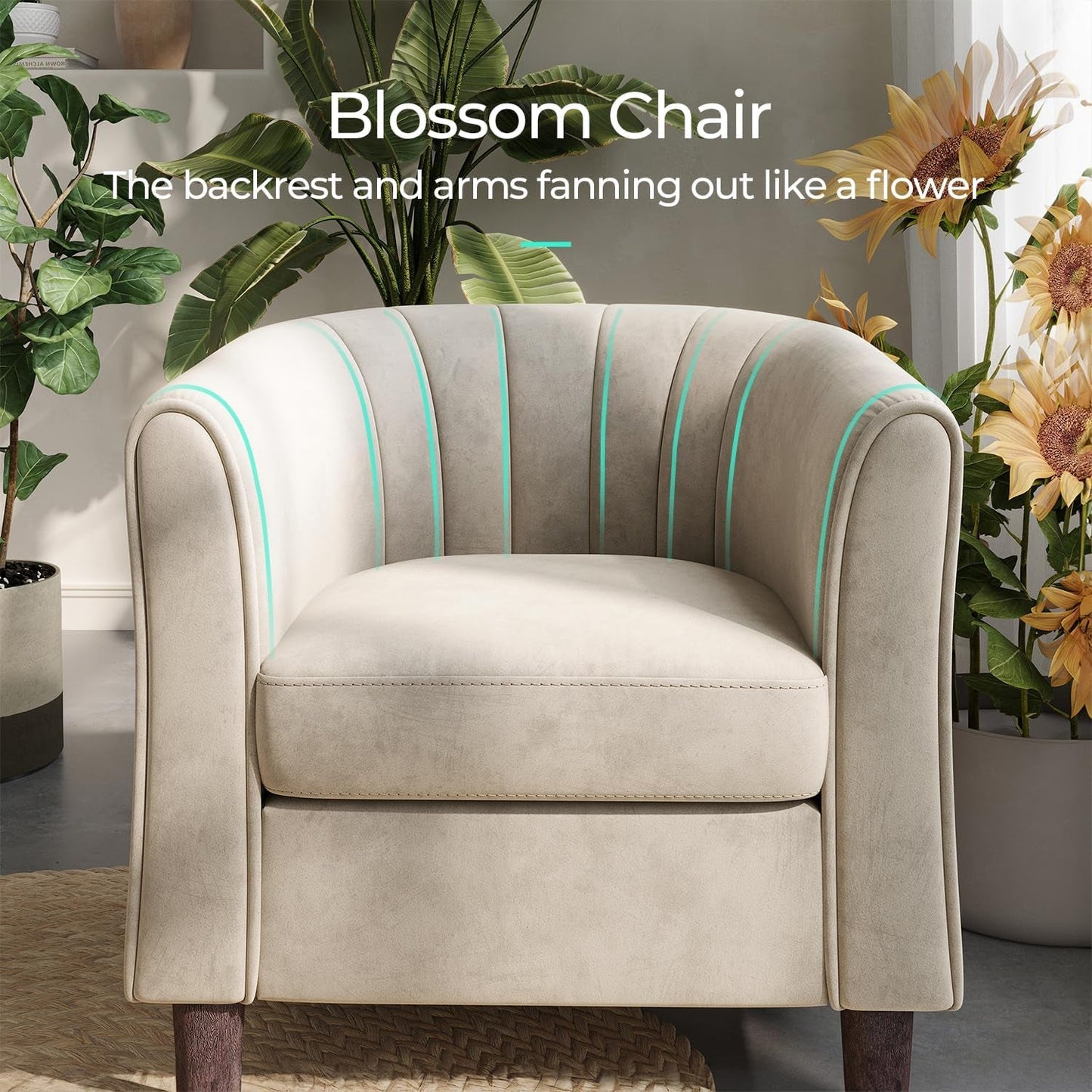 Accent Chair with Ottoman, Modern Armchair Comfy Barrel Reading Chair with Footrest for Living Room Bedroom Reading Room, Velvet, Beige