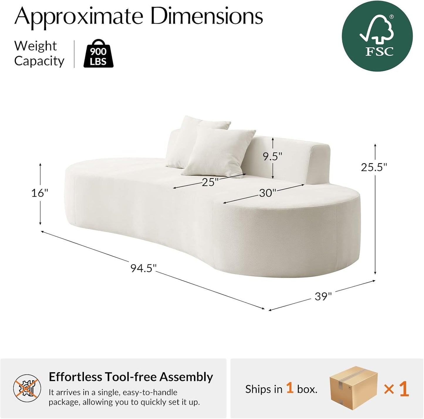 94.5" Curved Boneless Couch with Two Pillows, Oversized 3 Seater Compressed Foam Sofa with Deep Seat, Modern Cloud Couch for Living Room, No Assembly Required, Ivory