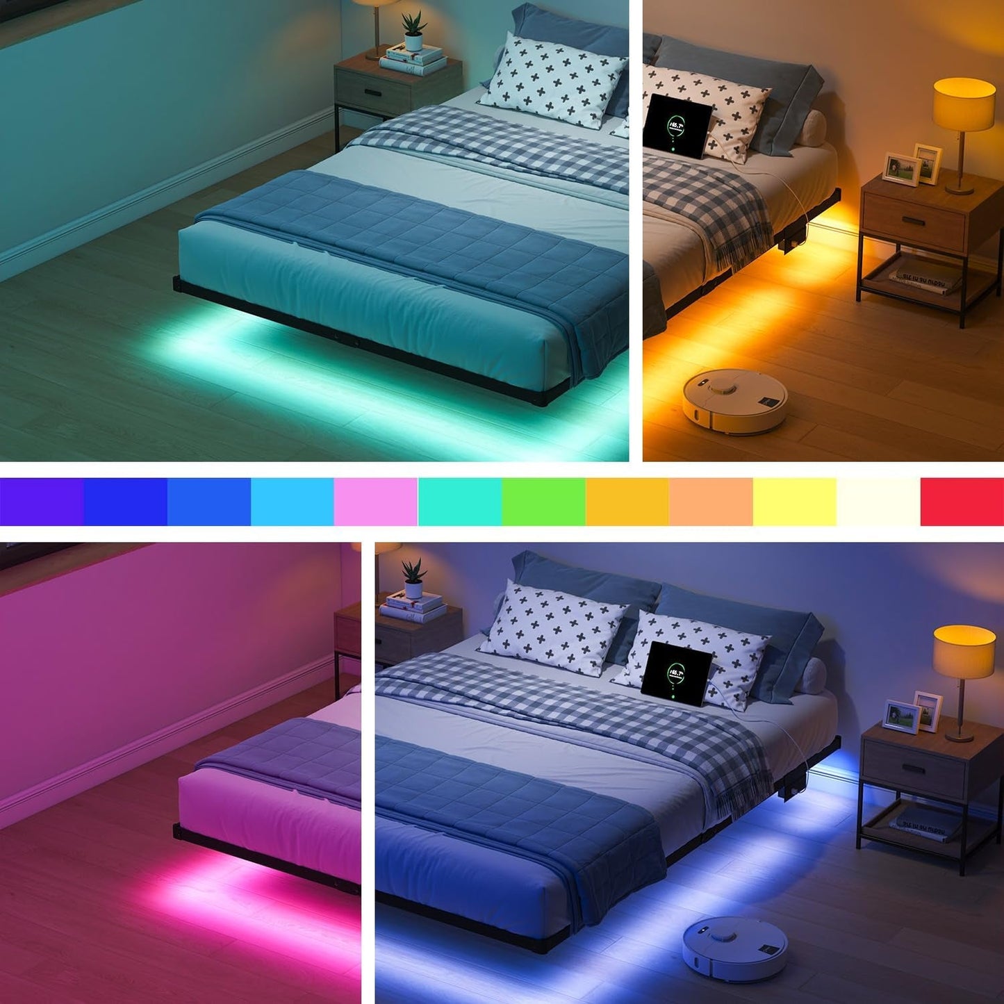 Floating Bed Frame Full with LED Lights and Charging Station - 8 Inch Platform Bed Frame No Box Spring Needed, Easy Assembly