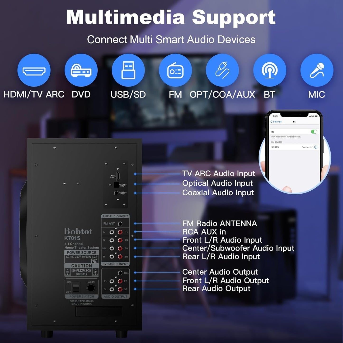 Surround Sound Systems Home Theater System - 800 Watts Peak Power 6.5" Subwoofer 5.1/2.1 Wired Stereo Speakers Strong Bass with HDMI ARC Optical AUX Bluetooth Input