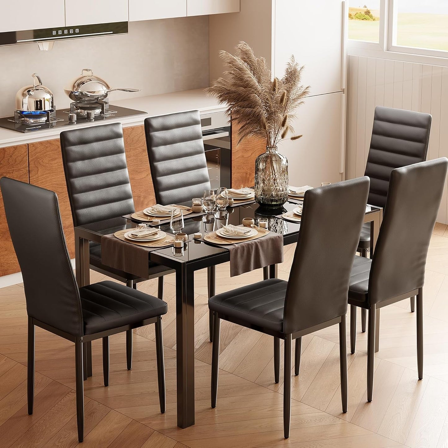 Kitchen Dining Table Set for 6, Tempered Glass 7 Piece Table and Chairs Set Modern for Home, Kitchen, Living Room, Dining Room,Black
