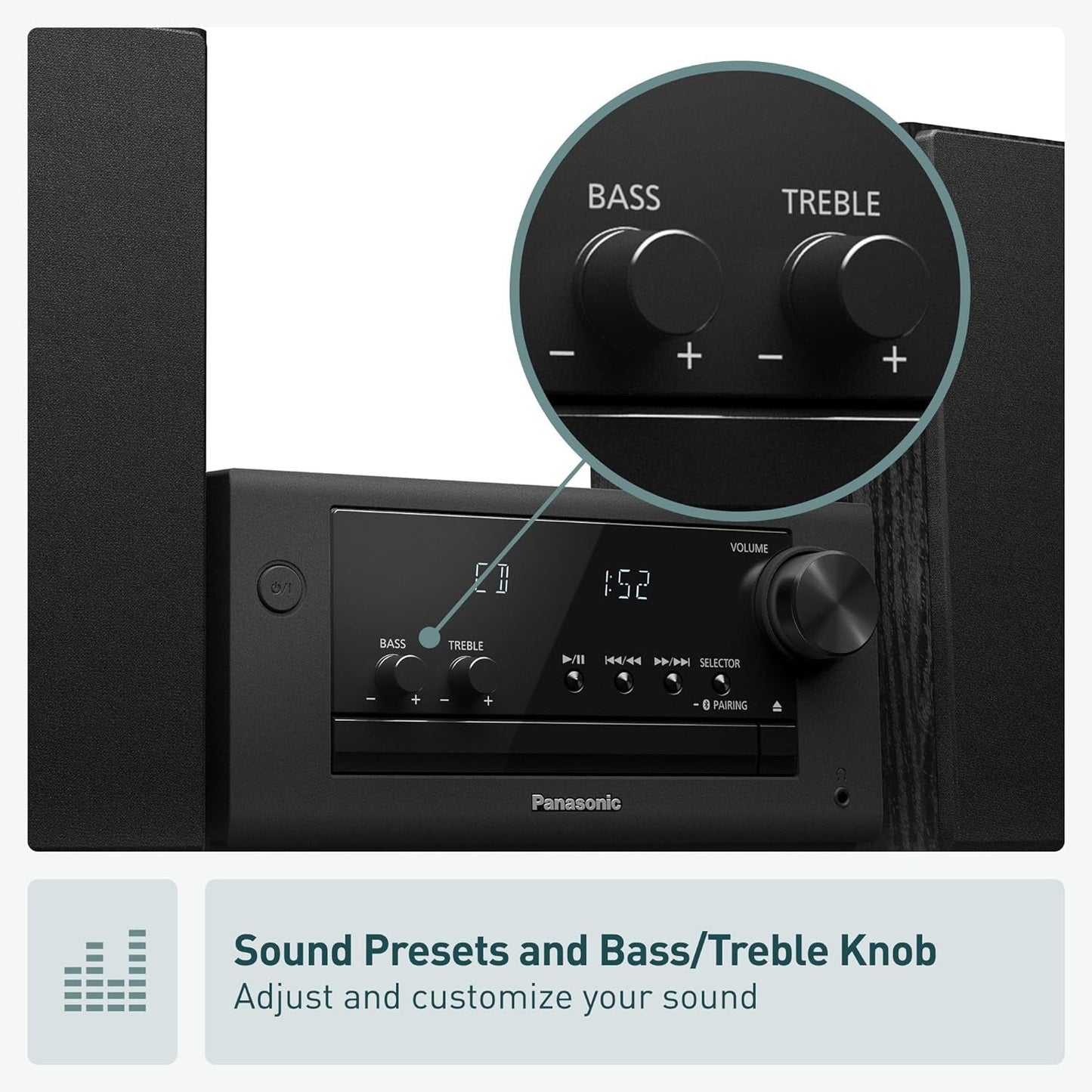 Compact Stereo System with CD Player, Bluetooth, FM Radio and USB with Bass and Treble Control, 80W Stereo System for Home with Remote Control - SC-PM700PP-K (Black)