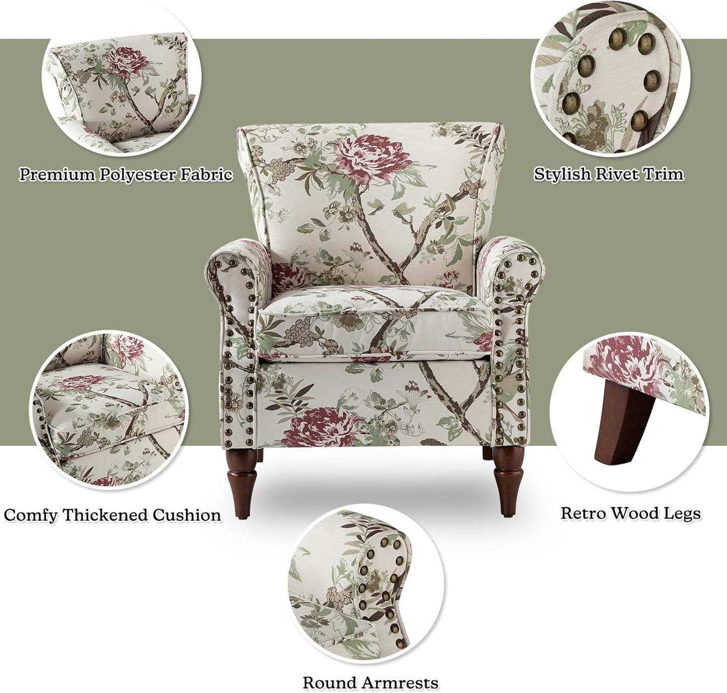 Modern Wingback Accent Chair with Wood Legs & Removable Cushion, Comfy Upholstered Armchair with Nailhead Trim, Floral Pattern Sofa Chair for Bedroom Living Room, Floral