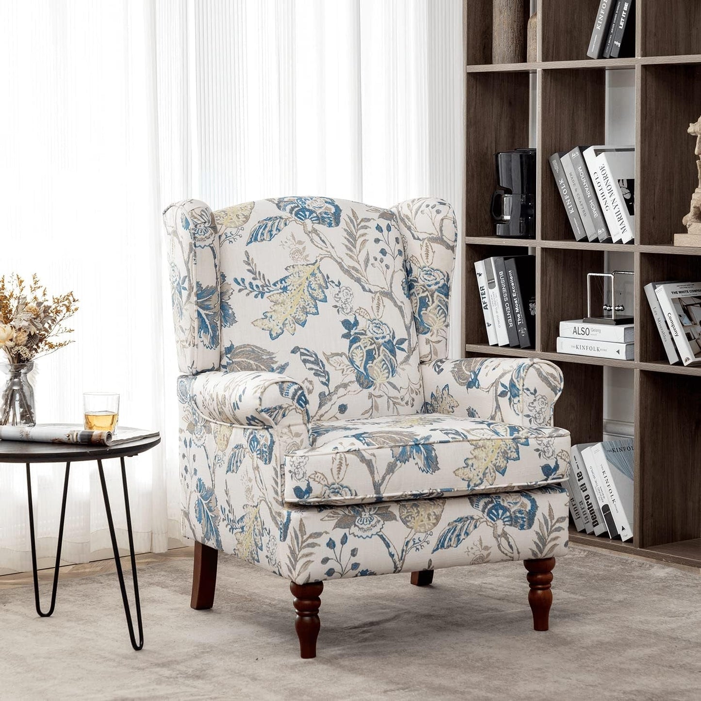 Floral Accent Chair, High Back Upholstered Armchair with Solid Legs, Leisure Single Sofa Chair for Living Room, Bedroom, Home Office, Blue Floral