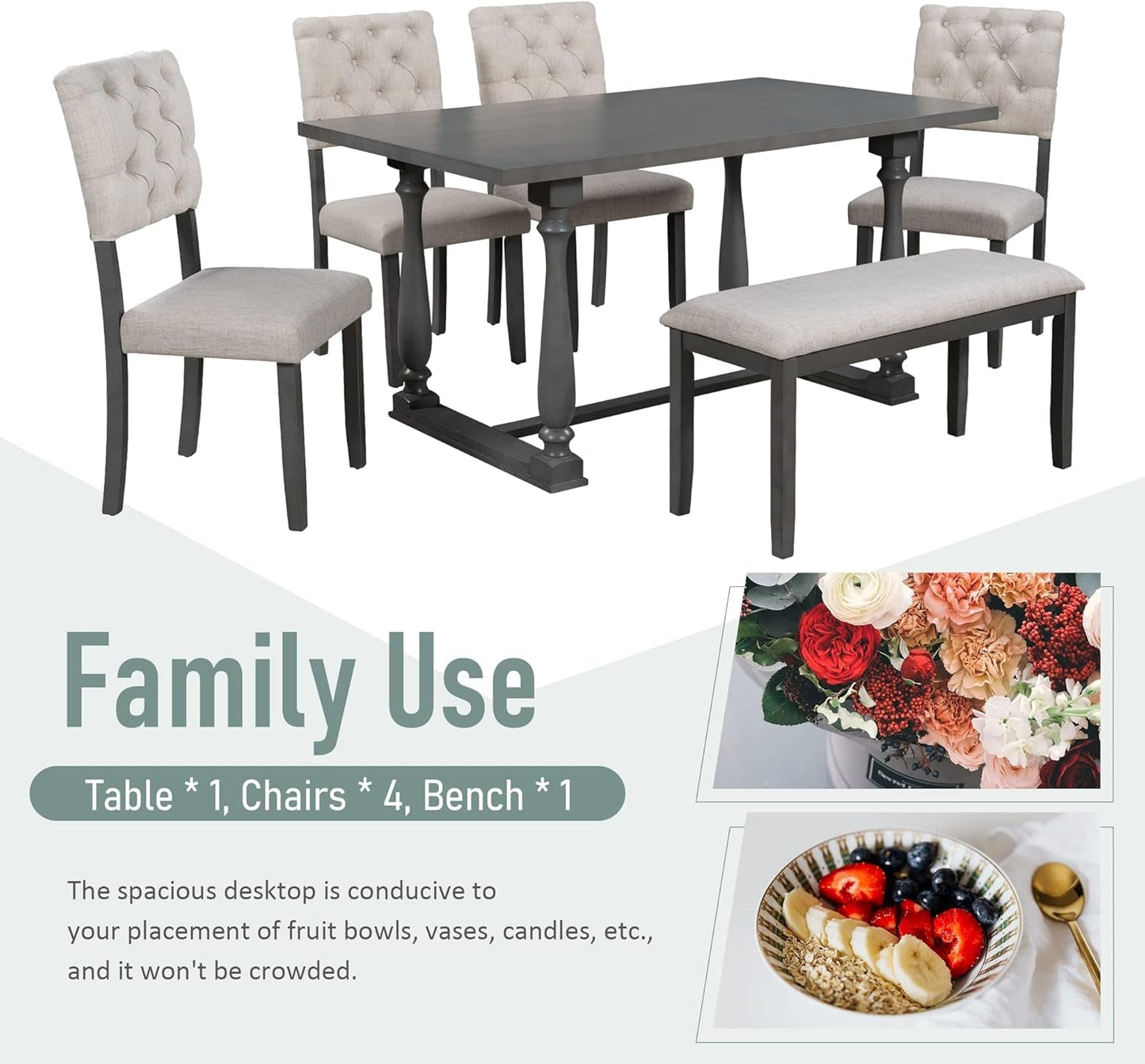 6 Piece Kitchen Dining Table Set, Wooden Rectangular Dining Table with Upholstered Bench and 4 Chairs, Dining Room Table Set for 6 People, Living Room Furniture (Gray, Beige Cushions)