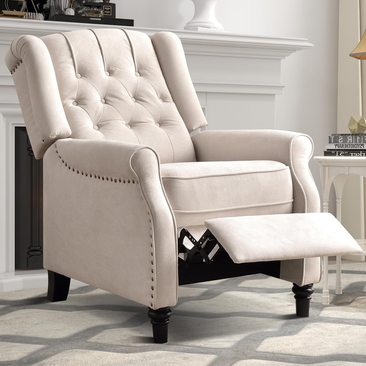 Pushback Recliner Chair, Fabric Armchair Push Back Recliner with Rivet Decoration, Mid Century Wingback Accent Chair for Living Room, Bedroom, Beige