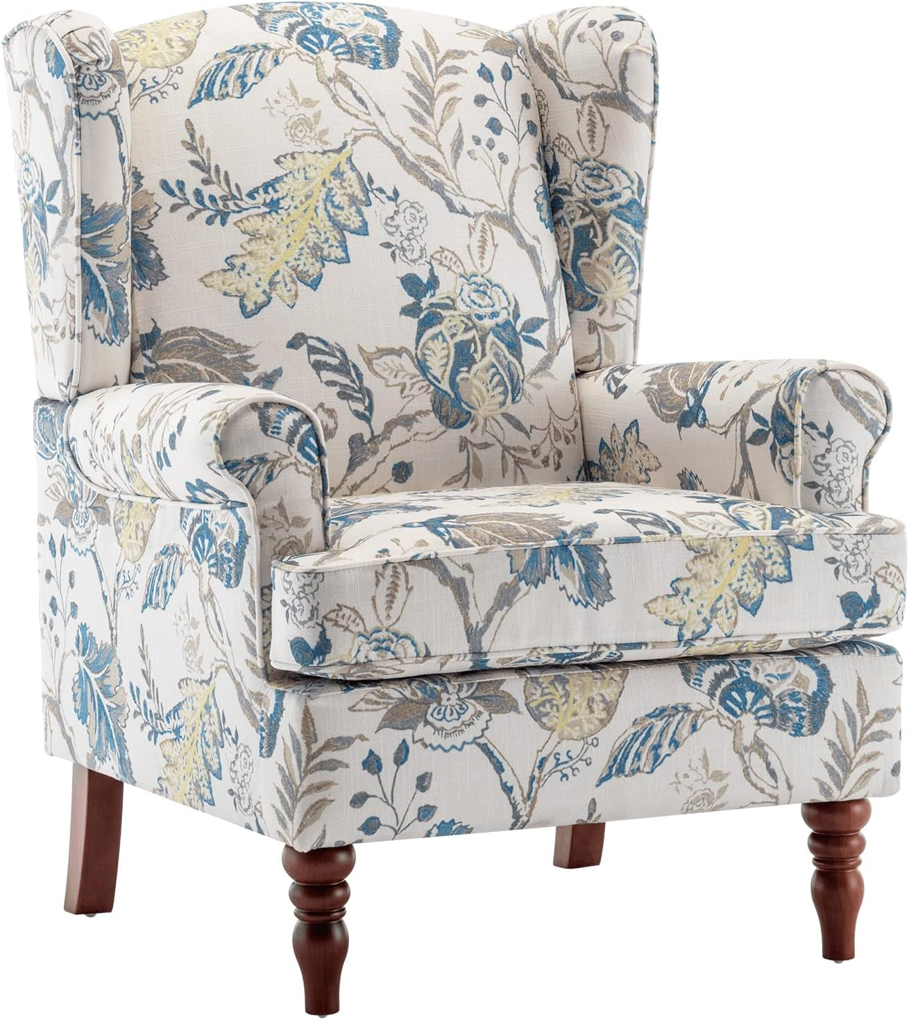 Floral Accent Chair, High Back Upholstered Armchair with Solid Legs, Leisure Single Sofa Chair for Living Room, Bedroom, Home Office, Blue Floral