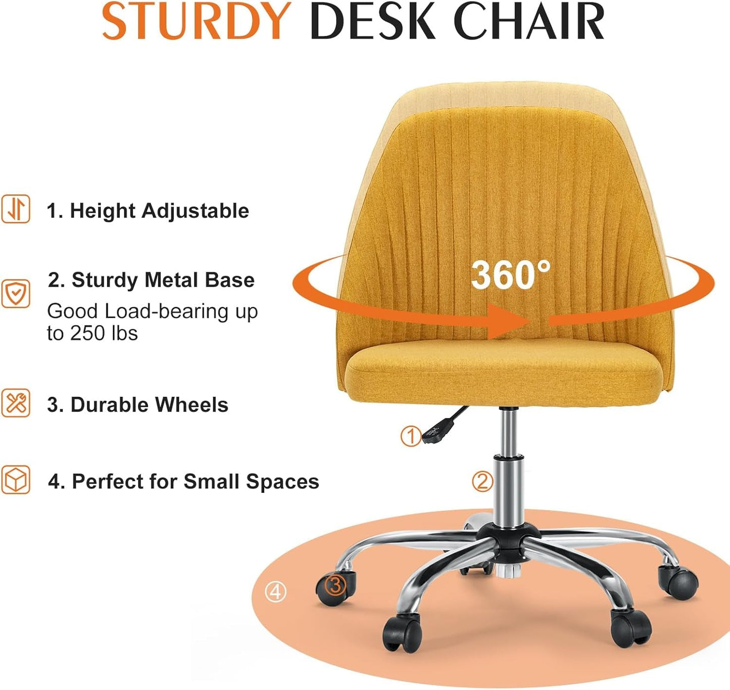 Armless Vanity Chair, Cute Comfy Home Office Desk Chair with Wheels, Modern Upholstered Task Computer Seat for Bedroom, Study, Makeup Vanity, Height Adjustable & Swivel, Yellow
