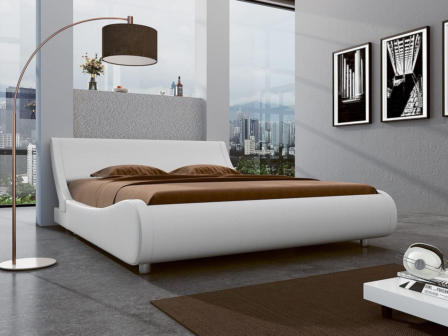 Modern Low Profile Platform Bed Frame Queen Size, Stylish Faux Leather Upholstered Sleigh Bed with Adjustable Headboard, No Box Spring Needed, White