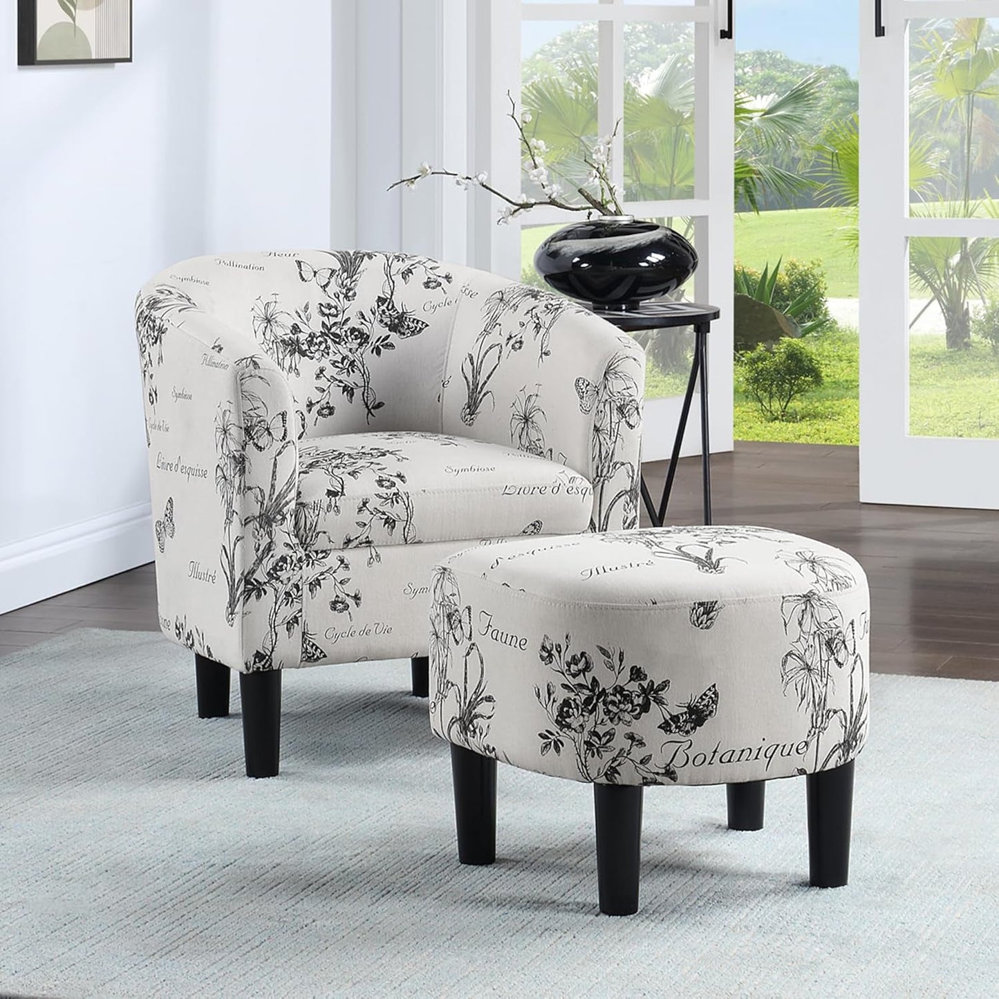 Take a Seat Churchill Accent Chair with Ottoman Set 26.25" - Modern Classic Mid-Back Barrel Accent Chair with U-Shaped Ottoman, for Living Room, Bedroom, Office, Botanical Print