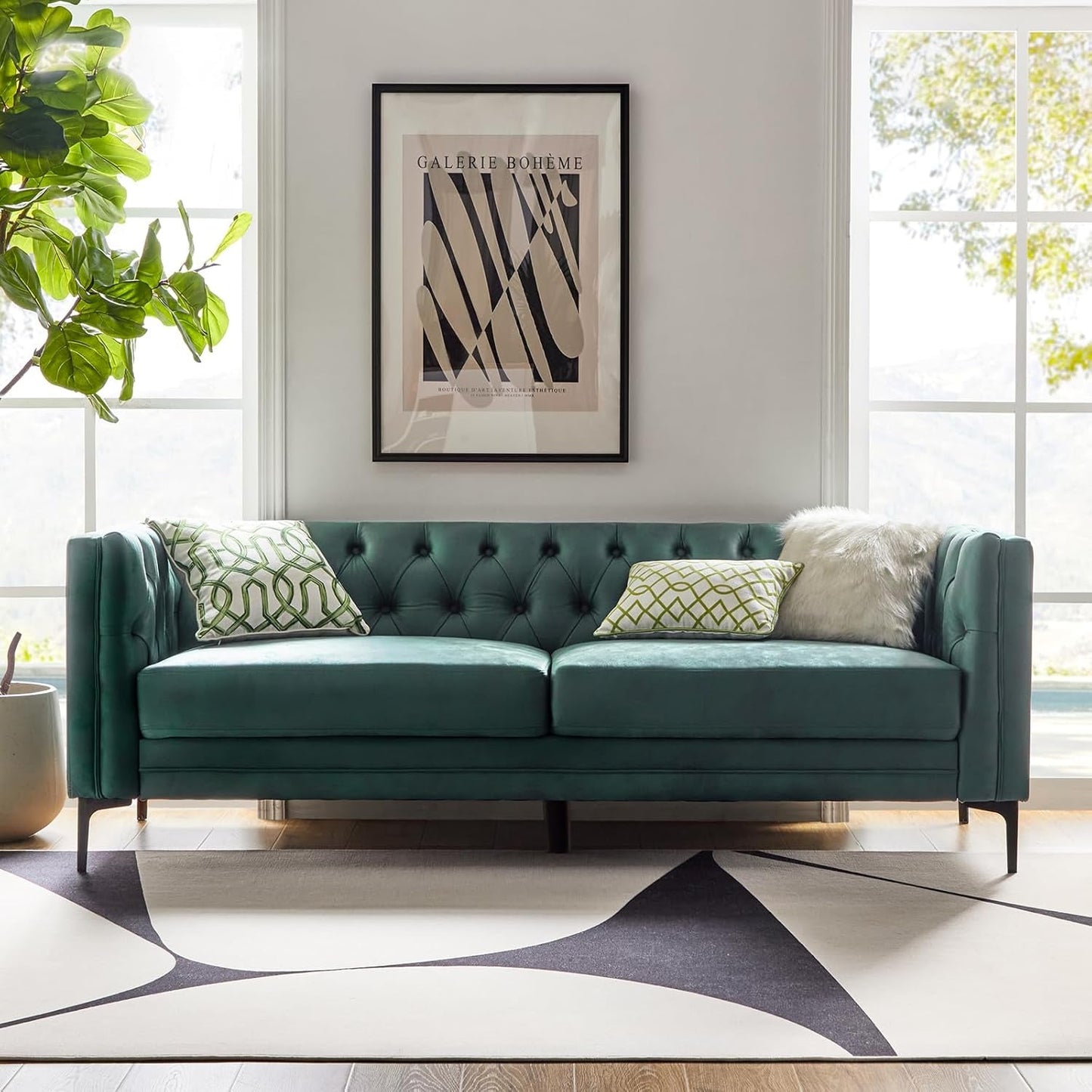 84" W Faux Leather Sofa Couch with Metal Legs, Button-Tufted 3-Seater Sofa, Mid Century Modern Contemporary Upholstered Couch for Living Room, Entertainment Area, Apartment,Green