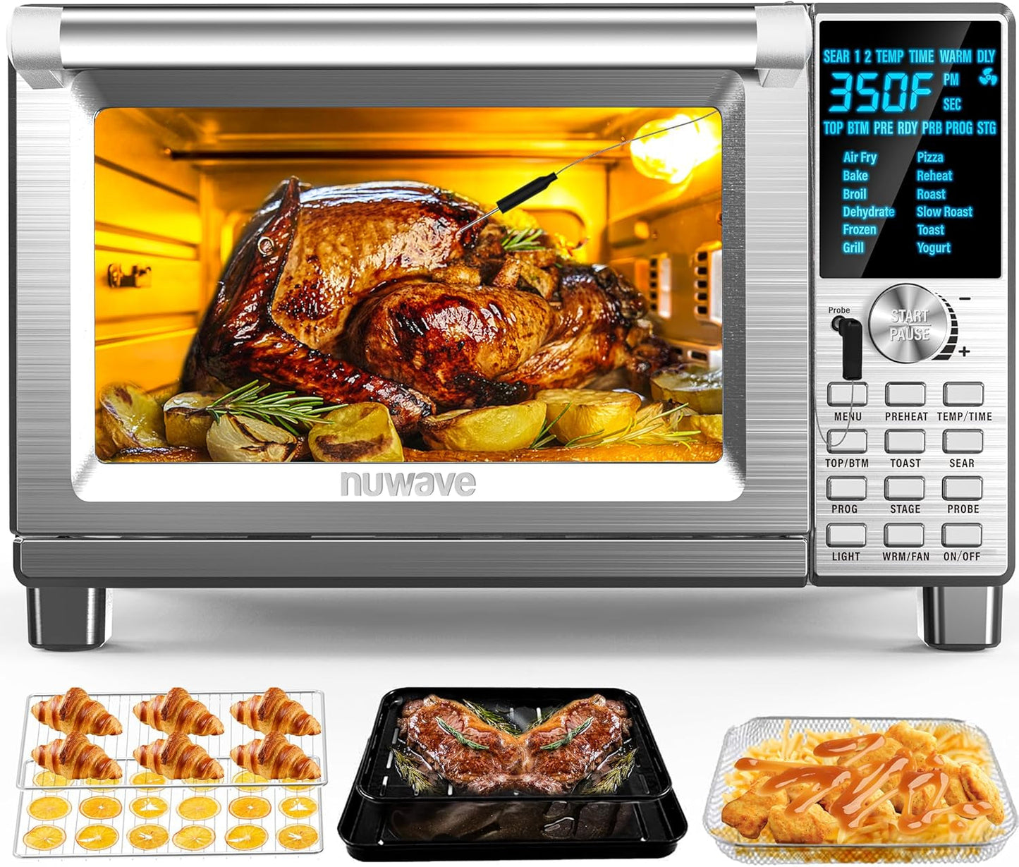 Bravo Air Fryer Toaster Smart Oven, 12-In-1 Countertop Convection, 30-QT XL Capacity, 50°-500°F Temperature Controls, Top and Bottom Heater Adjustments 0%-100%, Brushed Stainless Steel Look