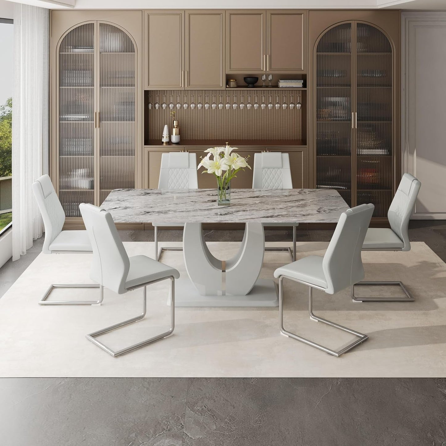 71" Faux Marble Dining Table Set for 6, Modern Grey Dining Room Table Set with Tempered Glass Top and Sturdy Base, Rectangle Kitchen Table and Upholstered Chairs Set for Home