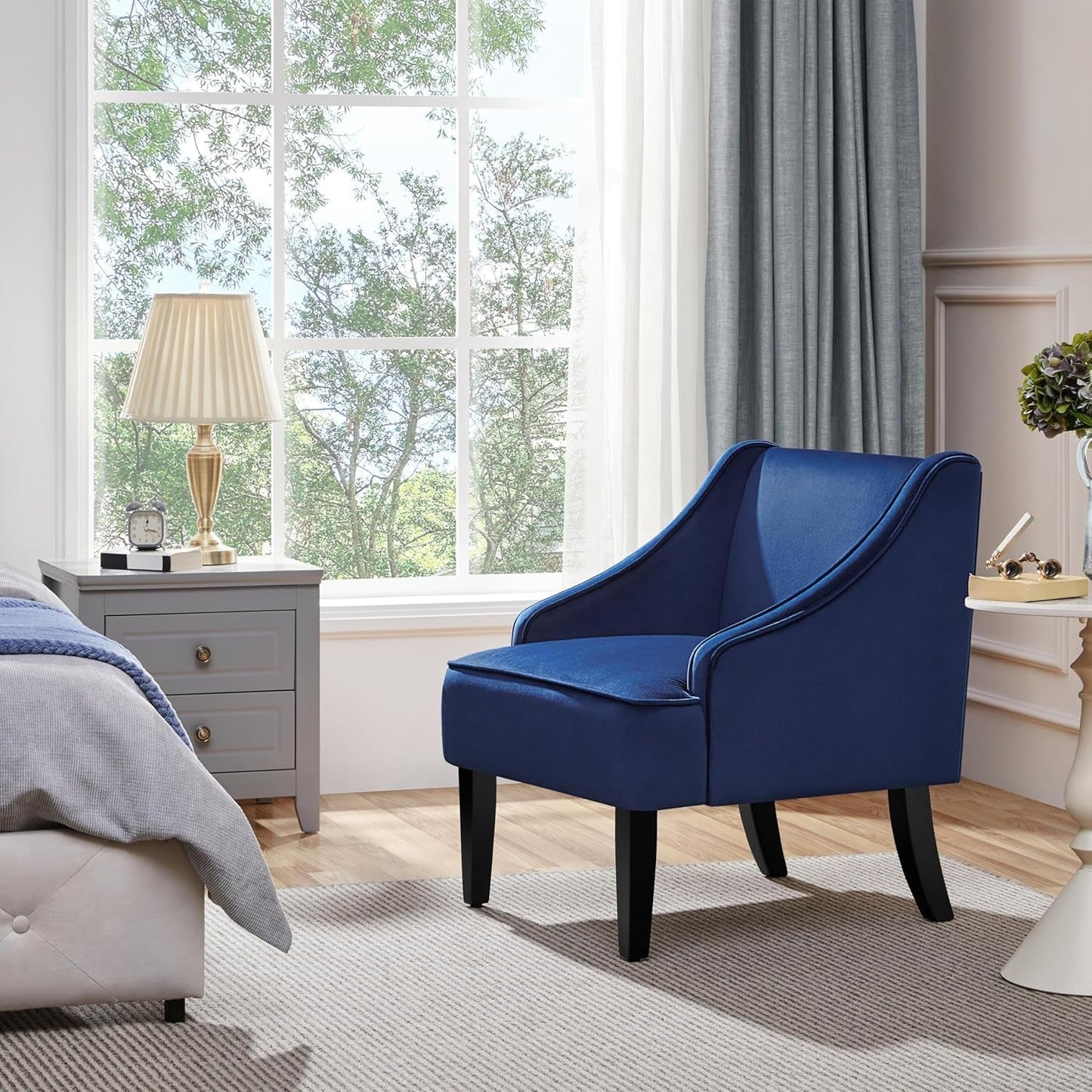 Living Room Chair, Accent Chair with Storage Side Pocket, Armchair with Wide Seat and Rubberwood Legs for Living Room Bedroom Reception Room, Blue