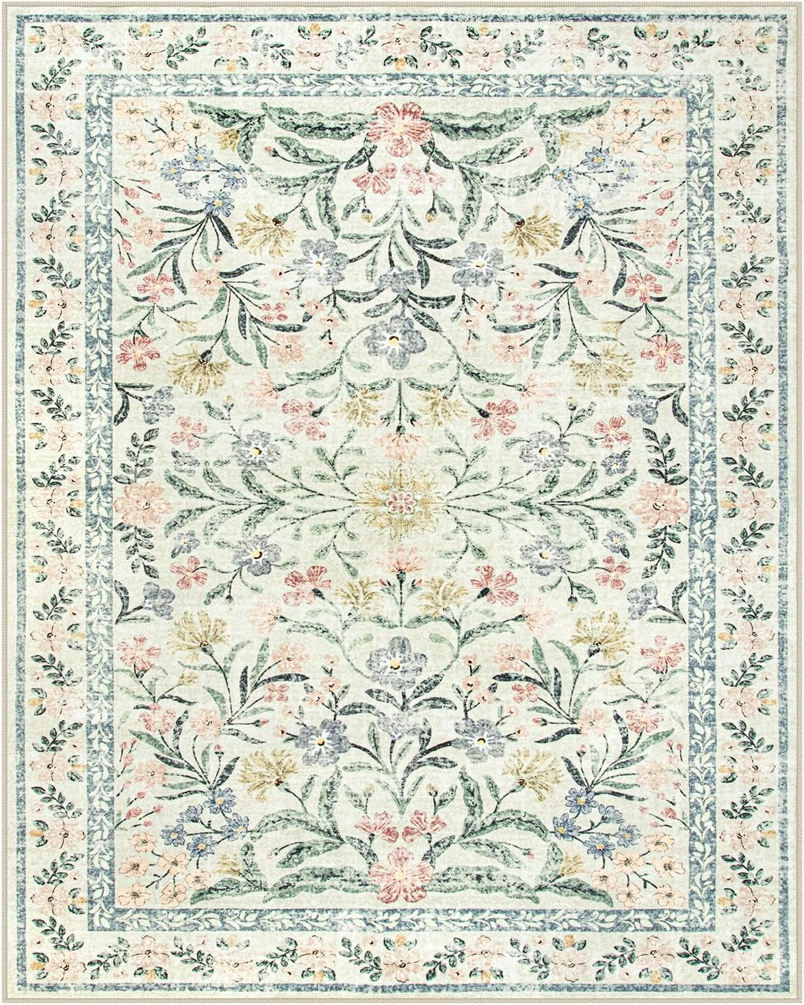Boho Washable Rug 8X10, Large Area Rug for Living Room, Soft Floral Carpet for Bedroom Non Slip, 8 X 10 Indoor Beige Carpets for Nursery Dining Room Apartment Office Decor