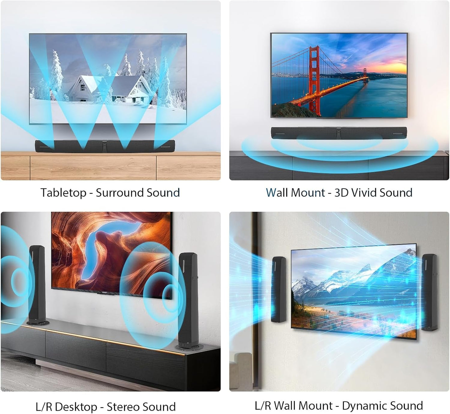 Sound Bar for Smart TV,90W Soundbar with Bluetooth/Arc/Optical/Aux Connect, Auto Volume Boost, 3 Customizable Equalizer Modes, 2 in 1 Detachable Soundbar for Tv/Pc/Gaming/Projectors