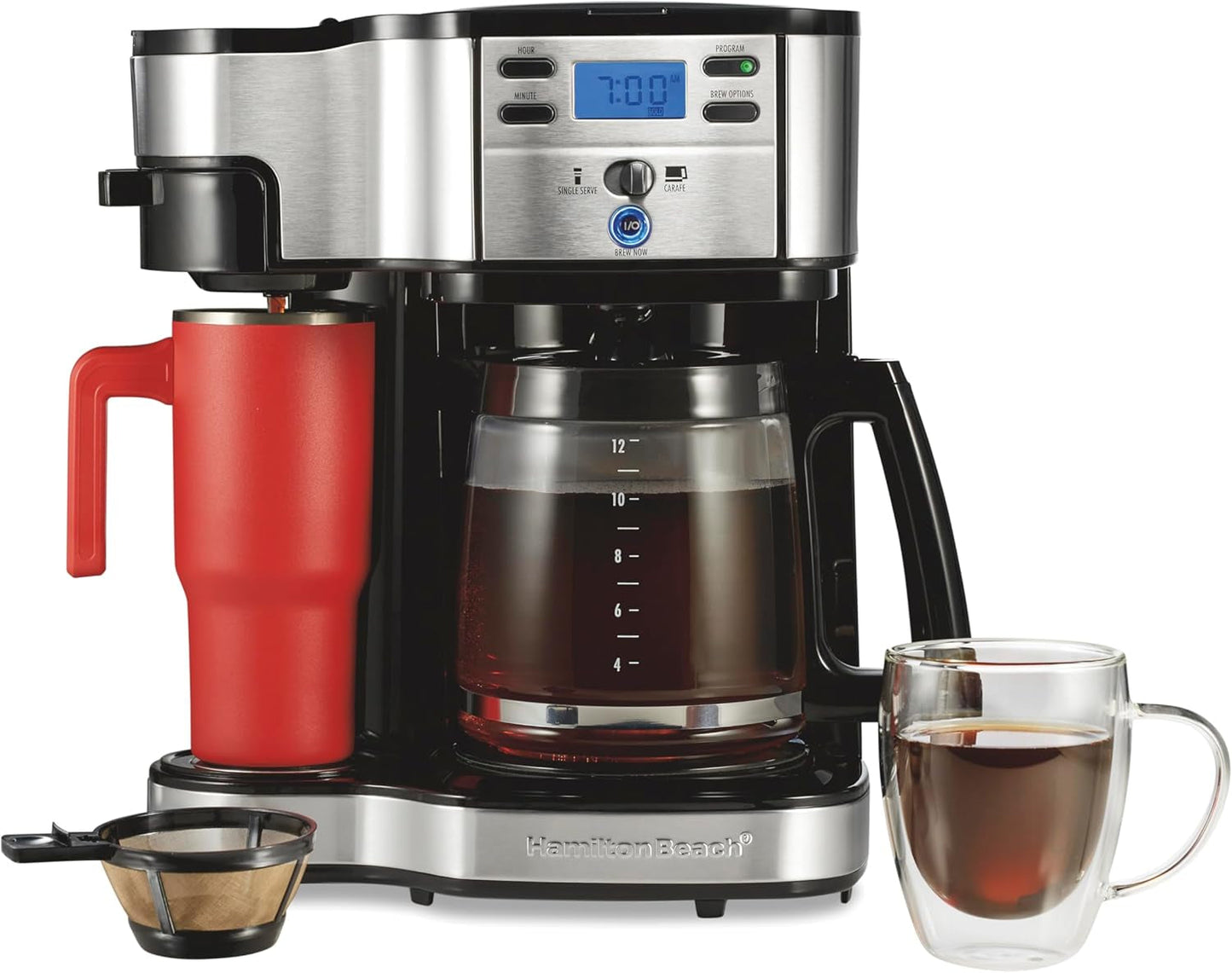 2-Way Programmable Coffee Maker, 12 Cup Glass Carafe and Single Serve Coffee Maker, Black with Stainless Steel Accents, 49980RG