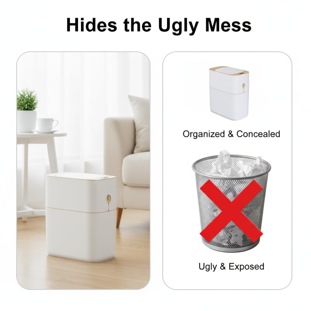 Touchless Bathroom Trash Can with Lid, 3 Gallon / 12L Slim Motion Sensor Garbage Bin, Automatic Waste Basket for Bedroom, Office & Narrow Spaces, White & Gold