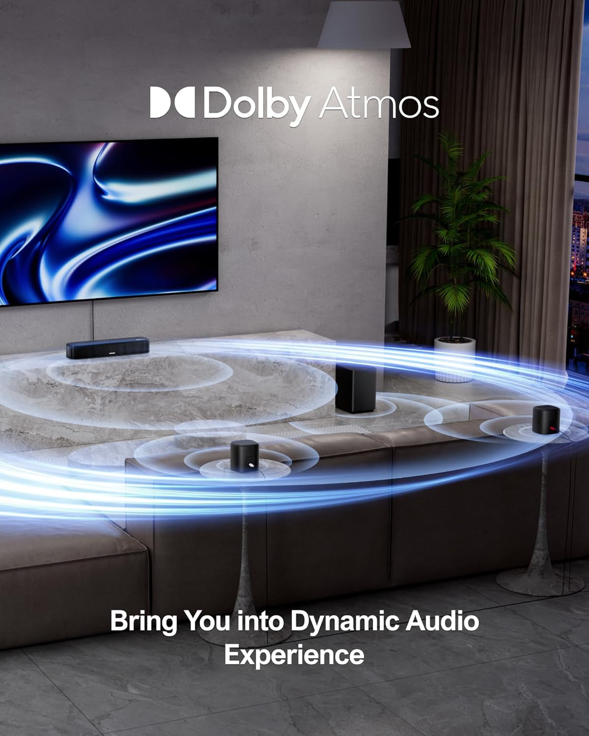 5.1Ch Sound Bar with Dolby Atmos, Surround Sound System for TV, App Control, Home Theater Sound System, TV Soundbar with Subwoofer, 2 Surround Speakers, HDMI Earc/Opt/Aux/Bt, Aura A50 Pro
